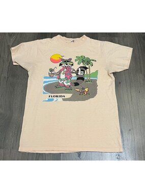 Vintage Florida Graphic T Shirt 80s 90s Medium Palm Tree Beach Raccoon